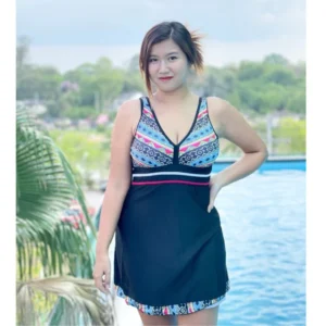 SK03 ชุดว่ายน้ำวันพีช กระโปรงแขนกุด คอเว้าลึก ลายโบฮีเมียน สีดำ