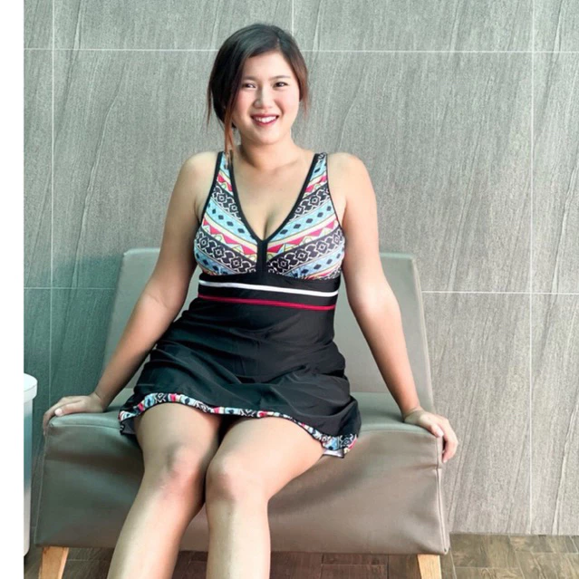 SK03 ชุดว่ายน้ำวันพีช กระโปรงแขนกุด คอเว้าลึก ลายโบฮีเมียน สีดำ-5