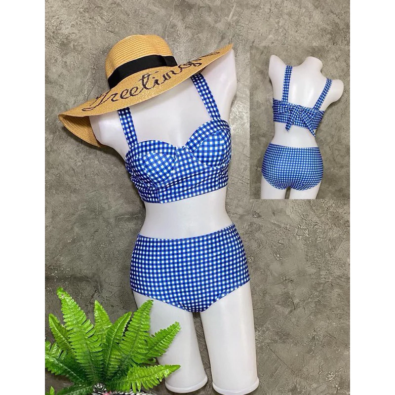 บิกินี่เซ็ต 2 ชิ้น เสื้อสายเดี่ยว กางเกงขาสั้น(สีฟ้าลายตาราง) ผู้หญิง Lady-4