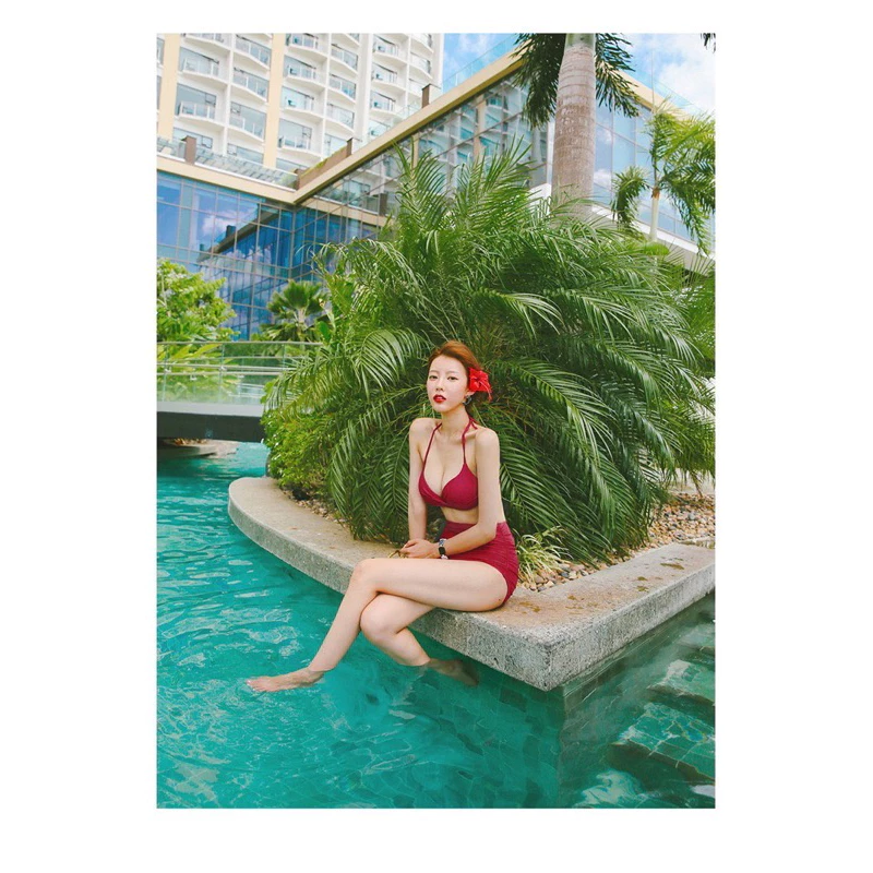 บิกินี่เซ็ต 2 ชิ้นเสื้อสายเดี่ยวผูกคอ กางเกงขาสั้น(สีแดง) Lady ผู้หญิง Women-3