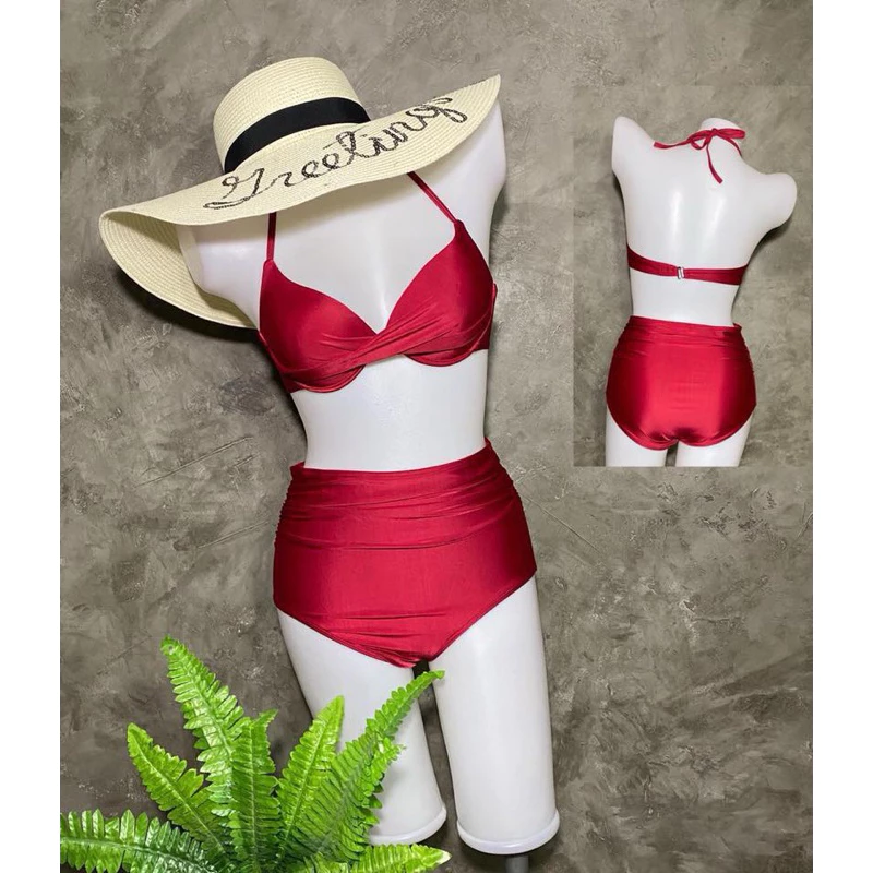 บิกินี่เซ็ต 2 ชิ้นเสื้อสายเดี่ยวผูกคอ กางเกงขาสั้น(สีแดง) Lady ผู้หญิง Women-4
