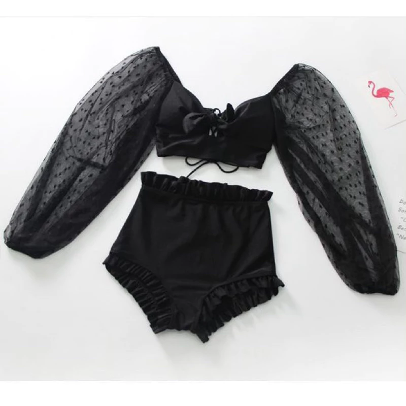 บิกินี่เซ็ต 2 ชิ้นแขนยาว กางเกงขาสั้น(มีขอบ)สีดำ Lady ผู้หญิง เสื้อผ้า-3