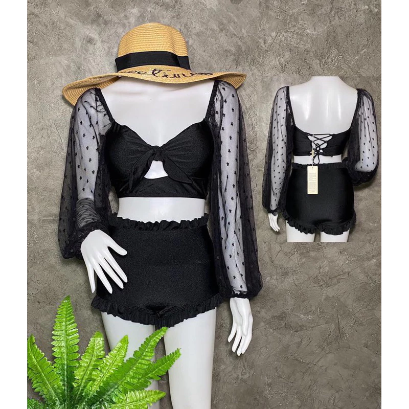 บิกินี่เซ็ต 2 ชิ้นแขนยาว กางเกงขาสั้น(มีขอบ)สีดำ Lady ผู้หญิง เสื้อผ้า-4