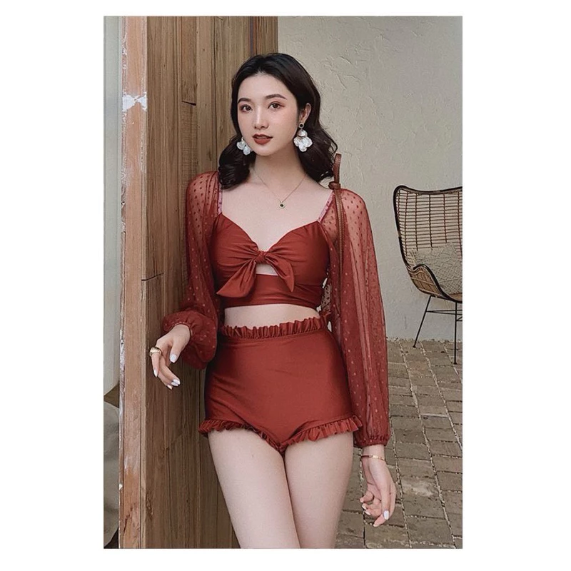 บิกินี่เซ็ต 2 ชิ้นแขนยาว กางเกงขาสั้น(มีขอบ)สีส้มอิฐ Lady ผู้หญิง เสื้อผ้า-1