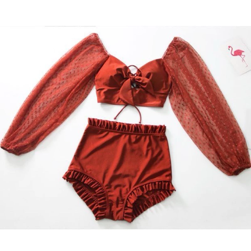 บิกินี่เซ็ต 2 ชิ้นแขนยาว กางเกงขาสั้น(มีขอบ)สีส้มอิฐ Lady ผู้หญิง เสื้อผ้า-3