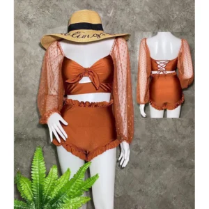 บิกินี่เซ็ต 2 ชิ้นแขนยาว กางเกงขาสั้น(มีขอบ)สีส้มอิฐ Lady ผู้หญิง เสื้อผ้า